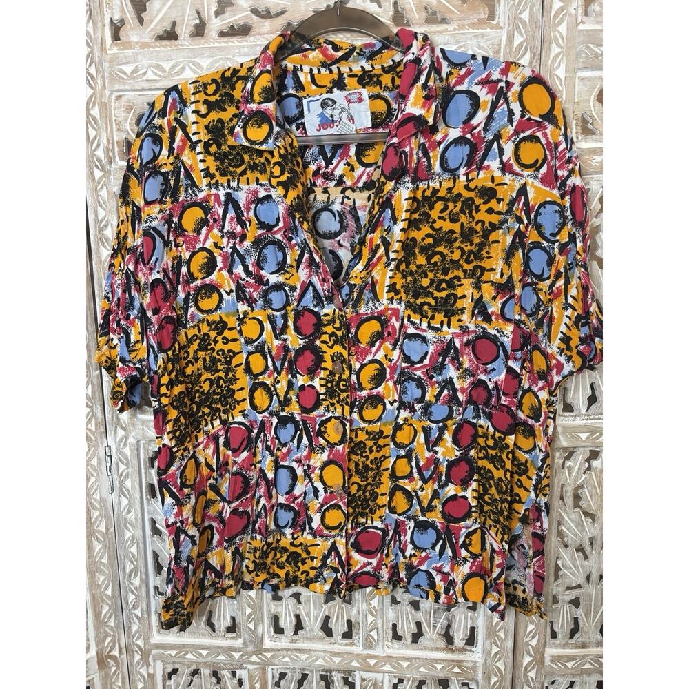 Vintage Jou Jou Shirt Womens Red Blue Yellow Geometric Print Button Front 90s L